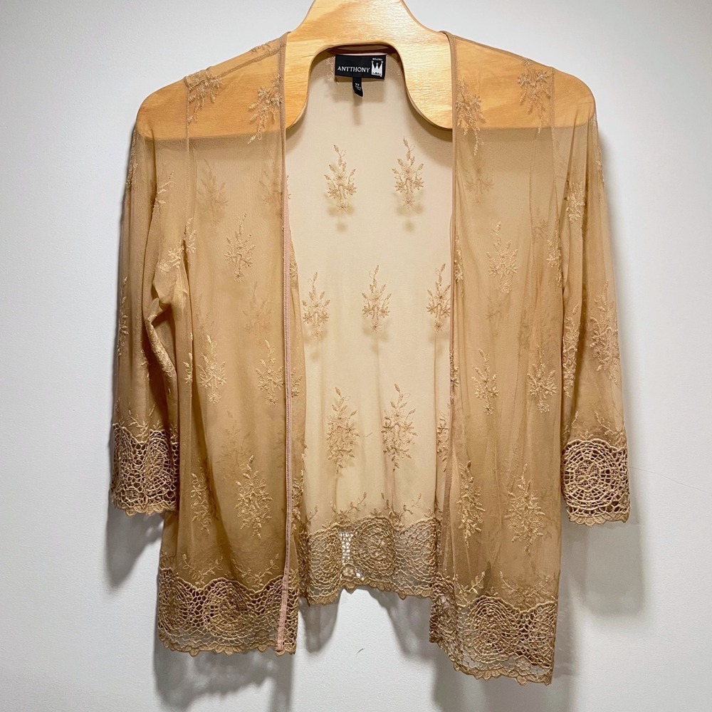Antthony Originals Tan Mesh Embroidered Lace Trim Cardigan Plus Size 2X
